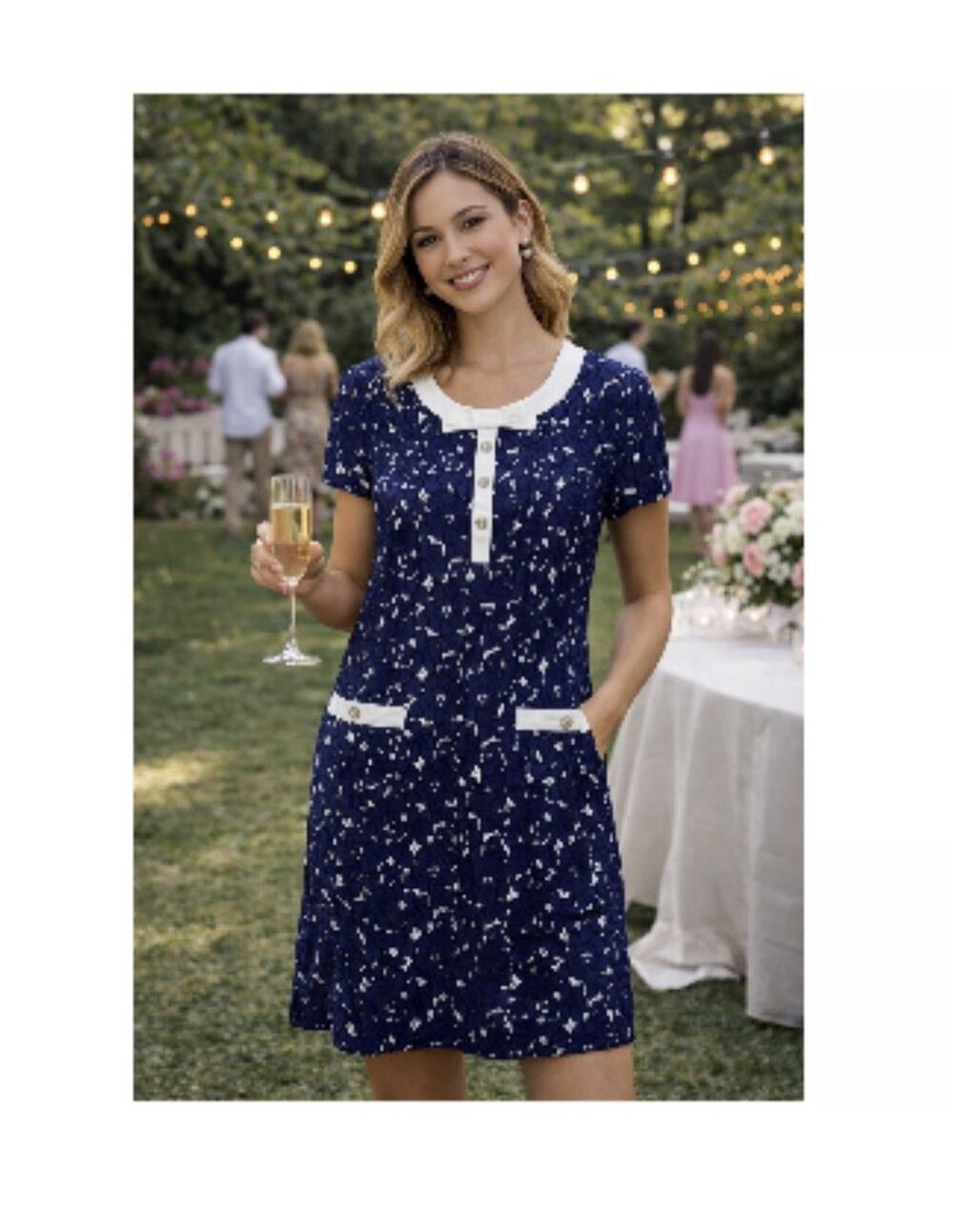 Karl Lagerfeld Paris Navy Blue Lace Overlay Dress White Collar Bow Buttons 14